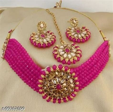 Traditional Artificial Stone And Pearls Pink Pearl Necklace Set, 7 Line ...