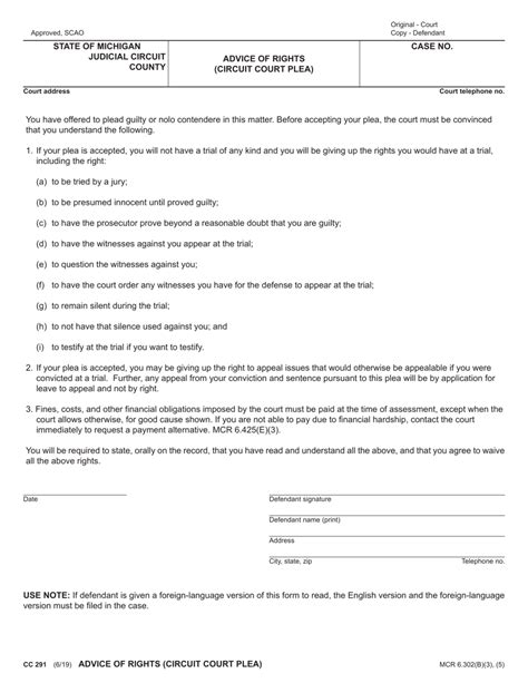 Form CC291 Download Fillable PDF or Fill Online Advice of Rights ...