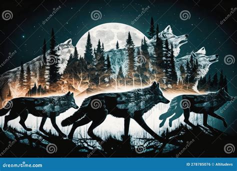 Double Exposure Of Wolf Running Through Forest And Pack Of Wolves