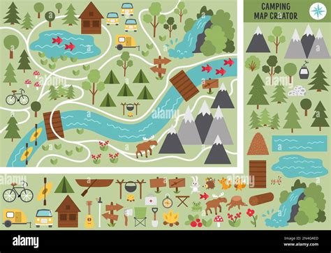 Camping Map Creator Set Of Flat Cartoon Elements For Constructing