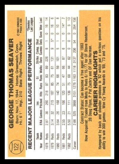 Donruss Tom Seaver Cincinnati Reds Baseball Card Ebay