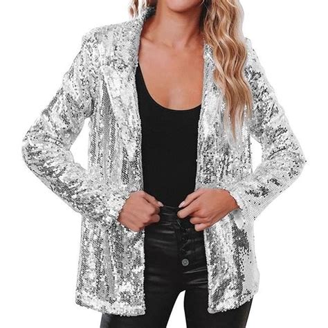 Femmes Paillettes Blazer Sequin Veste Casual Manches Longues