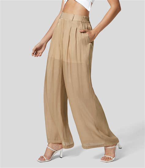 Womens High Waisted Plicated Side Pocket In Flowy Casual Wide Leg