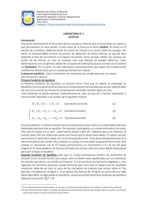 PDF LABORATORIO N 1 ESTÁTICA Estátic Elasticidadfisica Fisica TUAI