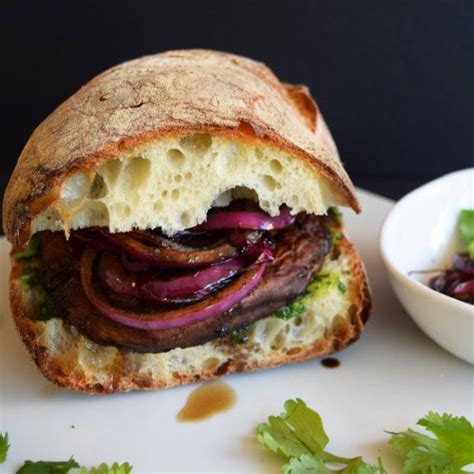 Vegan Portobello Sandwich With Grilled Red Onions And Chimichurri Sauce