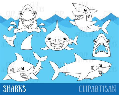 Shark Clipart Sharks Shark Party Digital Stamps Vector Etsy