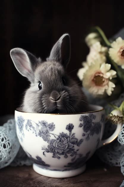 Un Conejo En Una Taza De T Con Flores Detr S Foto Premium