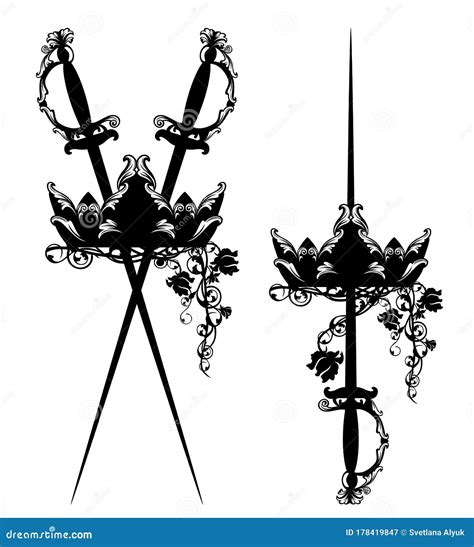 Court Sword With Royal Crown And Rose Flower Decor Black And White