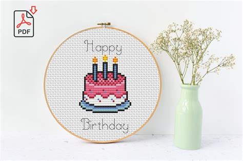 Happy Birthday Cake Cross Stitch Pattern Birthday Card Etsy