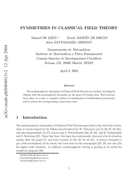 Pdf Symmetries In Classical Field Theory David Martín De Diego