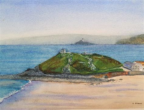 Original Watercolour Painting Porthmeor Beach And The Island St Ives