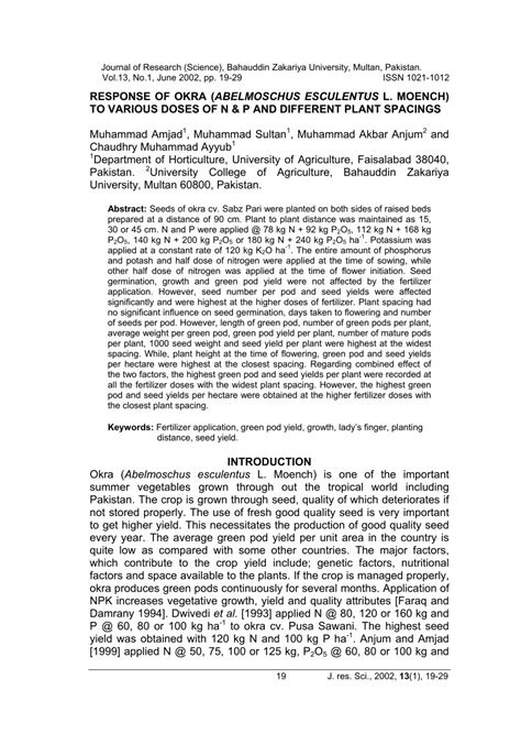 PDF Response Of Okra Abelmoschus Esculentus L Moench To Various