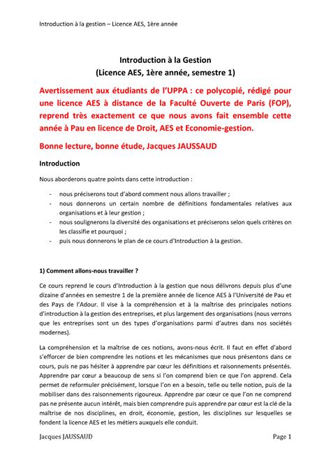 Introduction à la gestion Polycopié du cours Introduction à la