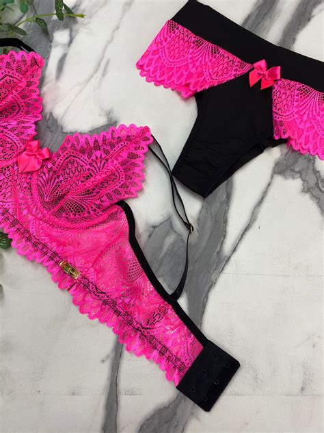 Conjunto De Lingerie Fran Rosa Neon Turquesa Dolce Pecado