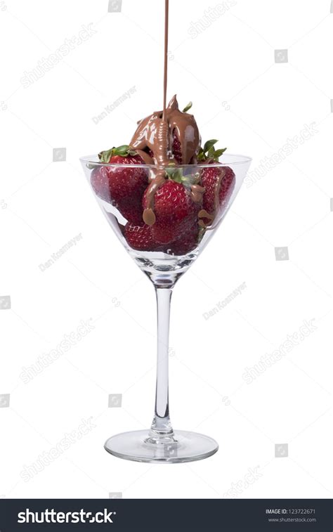 Portrait Of Pouring Chocolate In Strawberries On The Wine Glass Isolated On A White Background