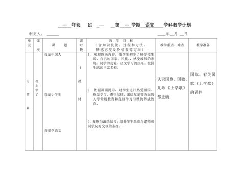 部编版一年级语文上册每单元教学计划表格式 21世纪教育网