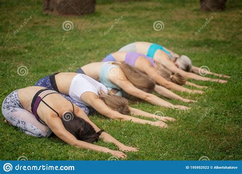 Group Of Fit Women Doing Yoga Pose Meditation At Outdoor Green Park