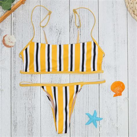 Womens Sexy Swimwear Bikini Stripe Set Swimsuit Pushups Filled Bra Swimwear Beachwear Bodysuit