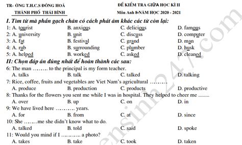 Đề thi giữa kì 2 lớp 8 môn Anh THCS Đông Hòa 2021