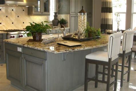 Trendy Kitchen Backsplash Brown Granite Countertops Grey Kitchen Island