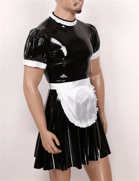 Male Mens Sissy Maid Cosplay Costume Set Short Puff Sleeve Wet Look