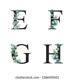 Gold Green Floral Alphabet Set Letters ilustración de stock 1594533922