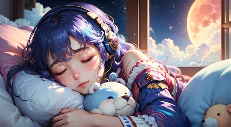 Anime Girl Sleeping With Headphones On And A Teddy Bear Seaart Ai