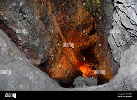 Tunnel In Volcanic Rock Illuminated By Glowing Lava Canary Islands