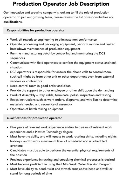 Production Operator Job Description Velvet Jobs