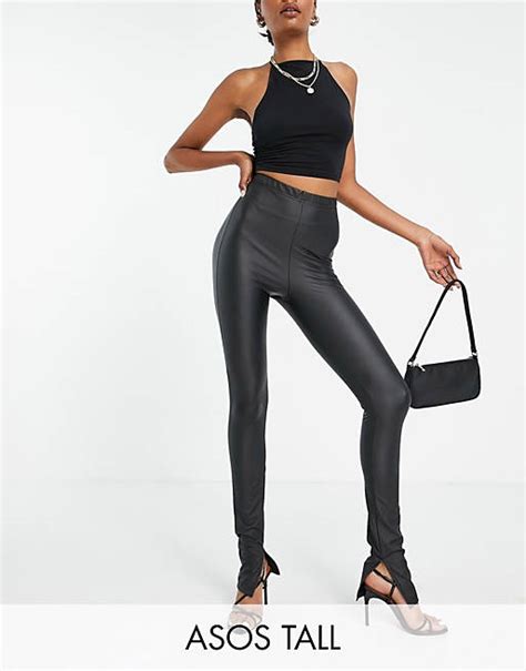 Asos Design Tall Leather Look Leggings With Side Split In Black Asos