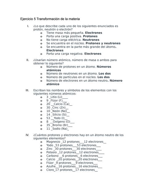 Ejercicio Transformaci N De La Materia Lo Que Describe Cada Uno De