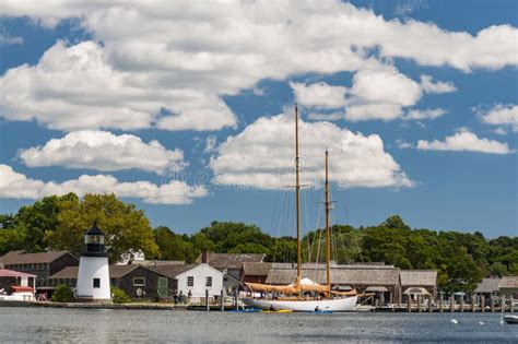 View Of The Mystic Seaport With Boats And Houses Connecticut Stock