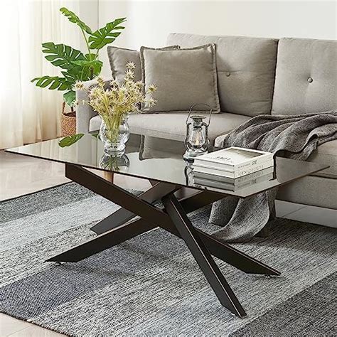 Rectangle Modern Coffee Table Gray Tempered Glass Table Top And Black Metal Tubular Legs 473