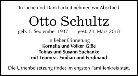 Traueranzeigen Von Otto Schultz Abschied Nehmen De