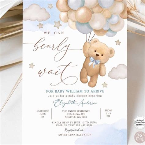 Editable Teddy Bear Hot Air Balloon Bear Theme Baby Shower Etsy