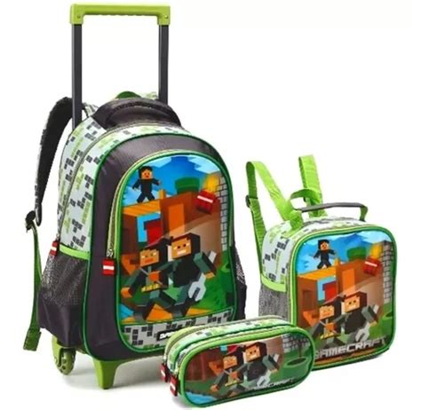 Kit Mochila Rodinha Infantil Escolar Minecraft Game 3 Peças Frete grátis