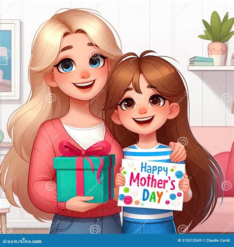 Happy Mother S Day Cartoon Image Daughter Giving Her Mother A T