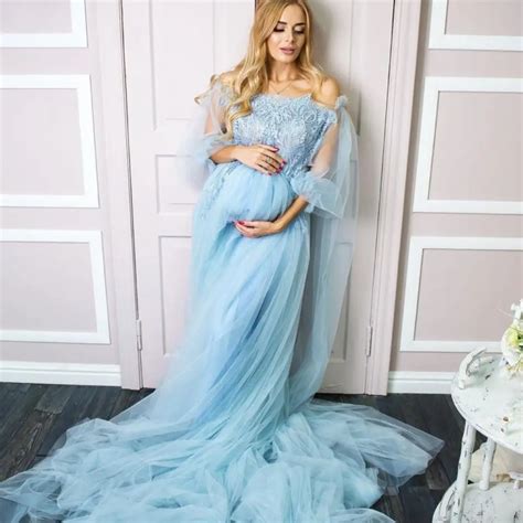 Sky Blue Maternity Dresses A Line Long Sleeve Maternity Gown For