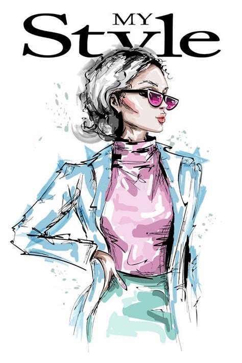 Hand Drawn Beautiful Young Woman In Sunglasses Stylish Girl Fashion