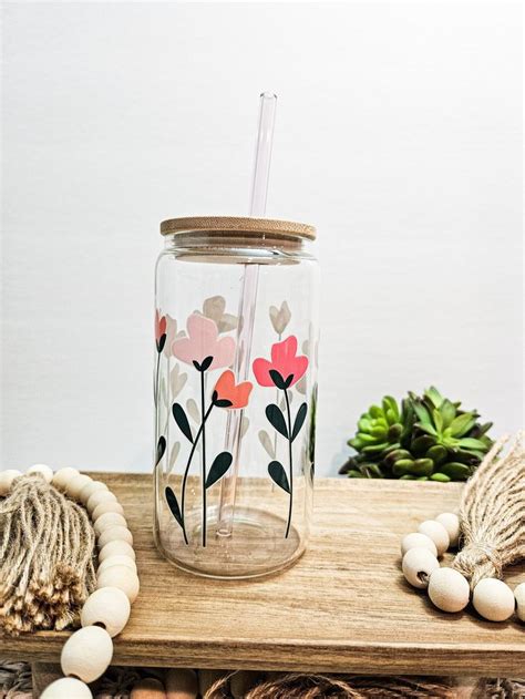 Pink Wildflower Glass Cup Boho Wildflowers Cute Floral Beer Can Glass