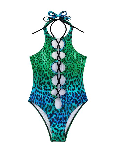 Makemechic Women S Leopard Print Lace Up Cut Out Halter One Piece Swimsuit Sexy Bathing Suit