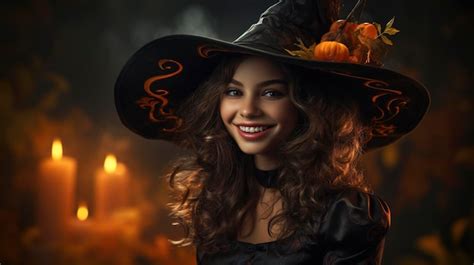 Chica Riendo Feliz Disfrazada De Bruja Para Halloween Foto Premium