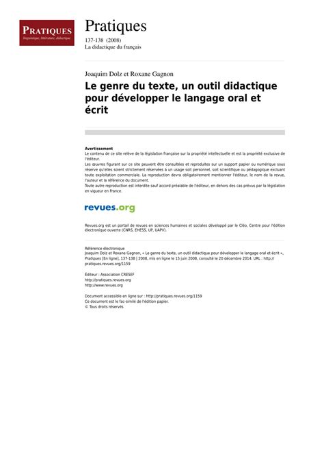 Pdf Le Genre Du Texte Un Outil Didactique Pour D Velopper Le Langage