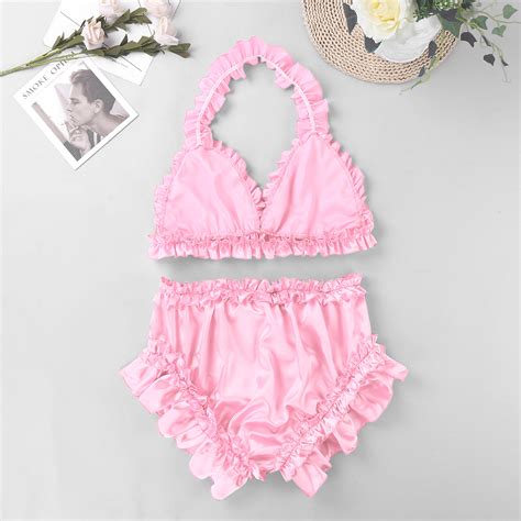 Tiaobug Men Crossdressing Sissy Lingerie Set Satin Frilly Ruffle Halter