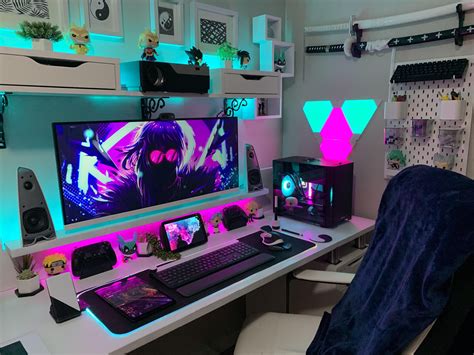 Teal And Purple Gaming Desk Setup Best Gaming Setup Computer Gaming