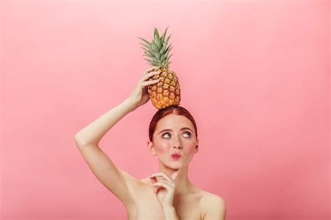 Free Photo Pensive Nude Woman Holding Pineapple Ginger Caucasian