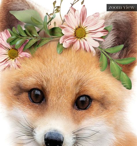 Fox Printable Art Fox With Flowers The Crown Prints Flower Etsy