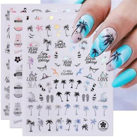 Amazon 24 Sheets Summer Nail Art Stickers Palm Tree Beach Water