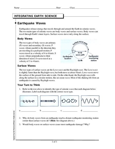 Earthquake Waves Worksheet For 6th 10th Grade Lesson Planet