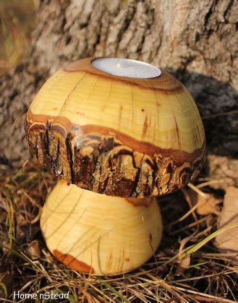 Log Mushroom Candle Rustic Holiday Table Decor Tea Light Holder Natural